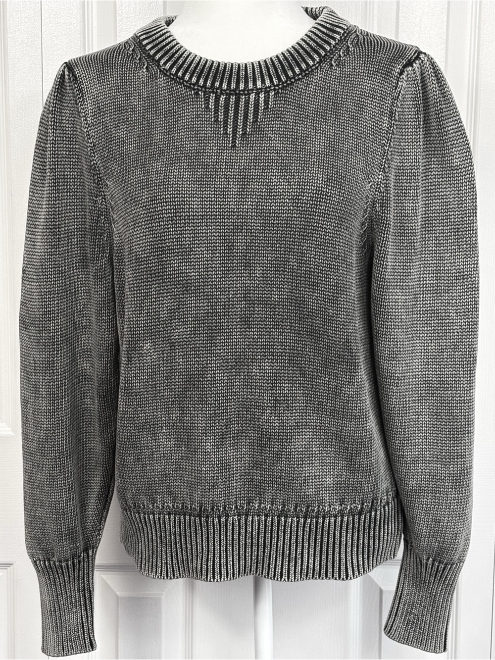 NWT Scoop Black Soot Acid Wash Long Sleeve Puff Shoulder Sweater Large